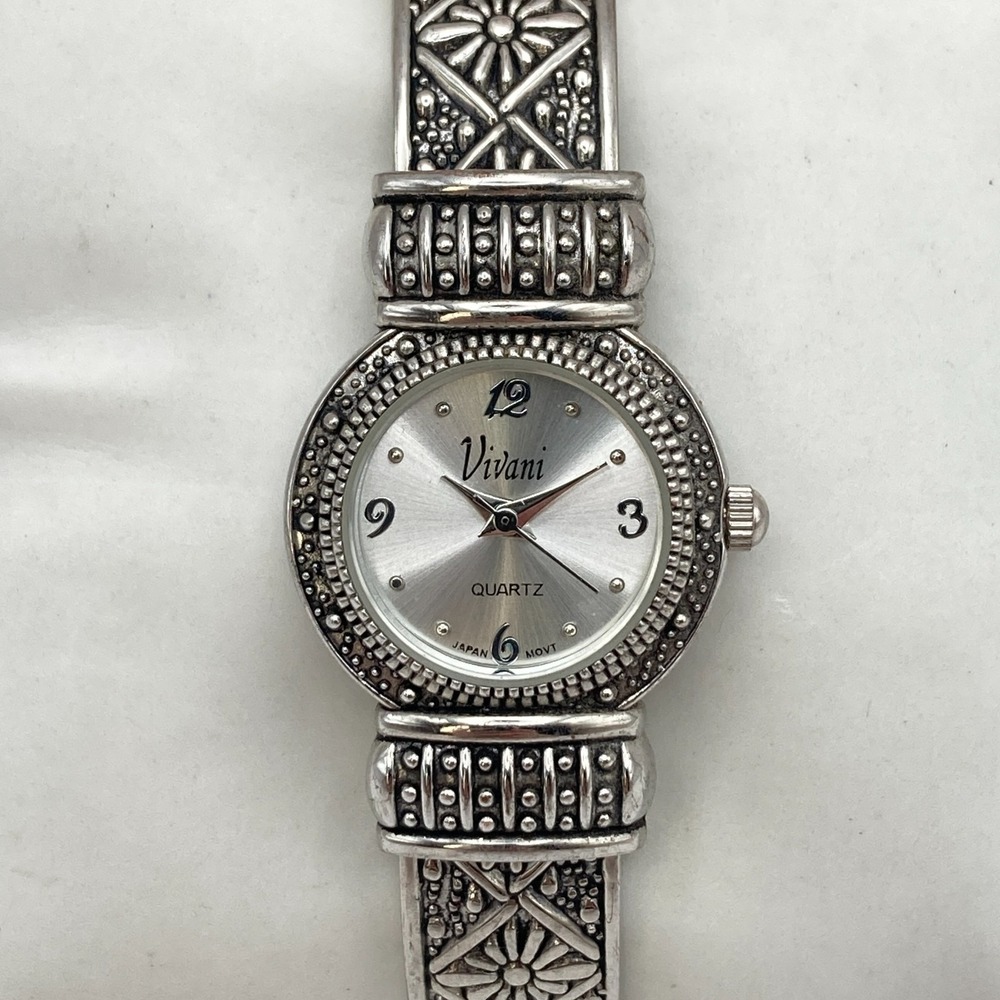 Vivani Women's Watch Floral Cuff Silver Tone 23mm Textured New Battery 6.25"